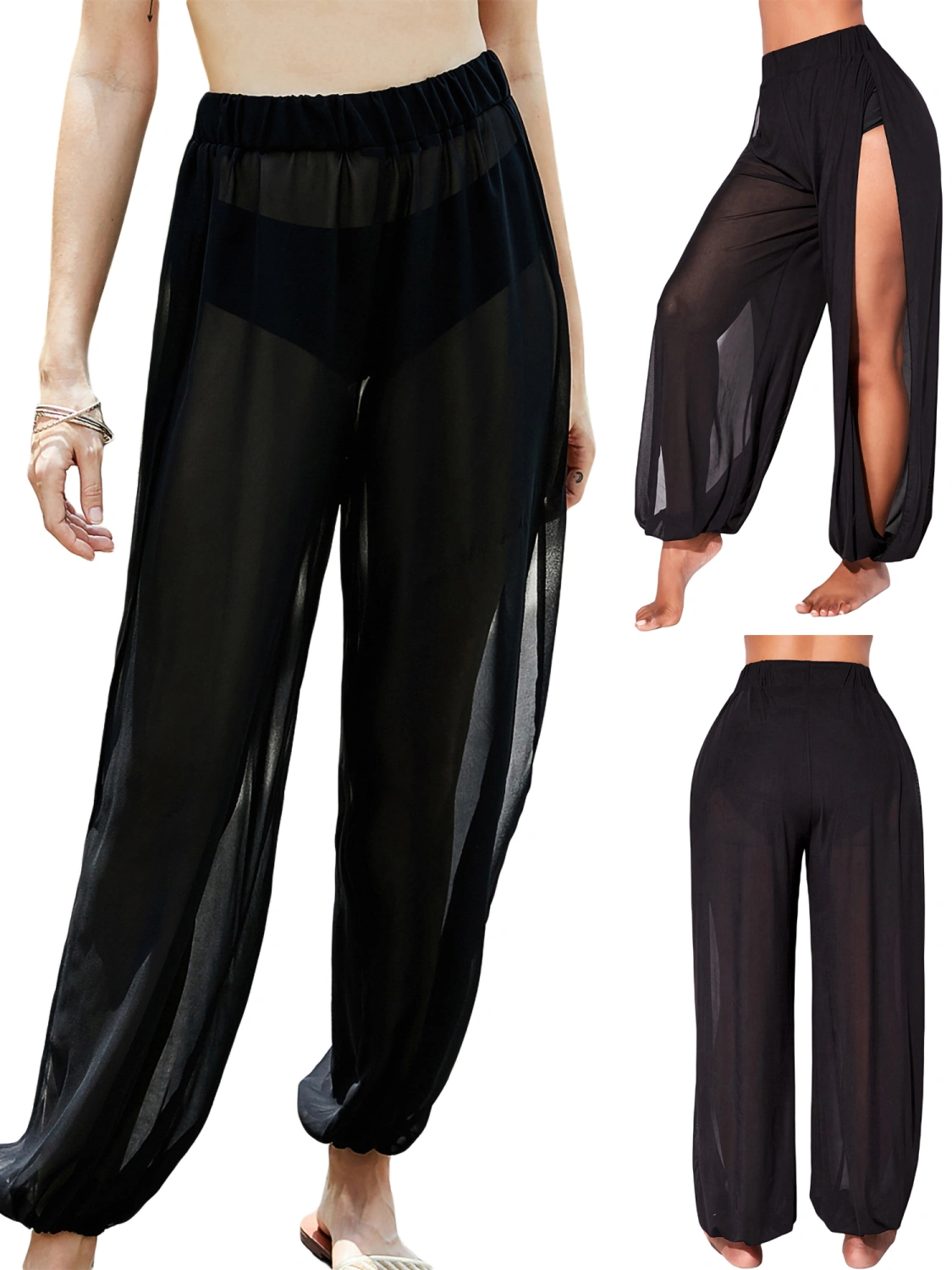 Ladies Summer Beach Long Trousers, Side Split Loose Ankle Banded Pants
