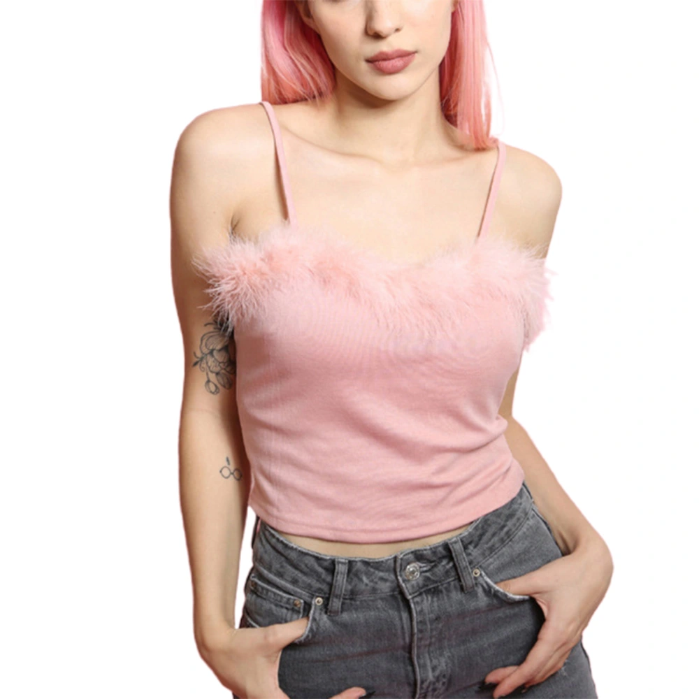 Women’s Summer Solid Color Fur Off-shoulder Exposed Navel Camisole