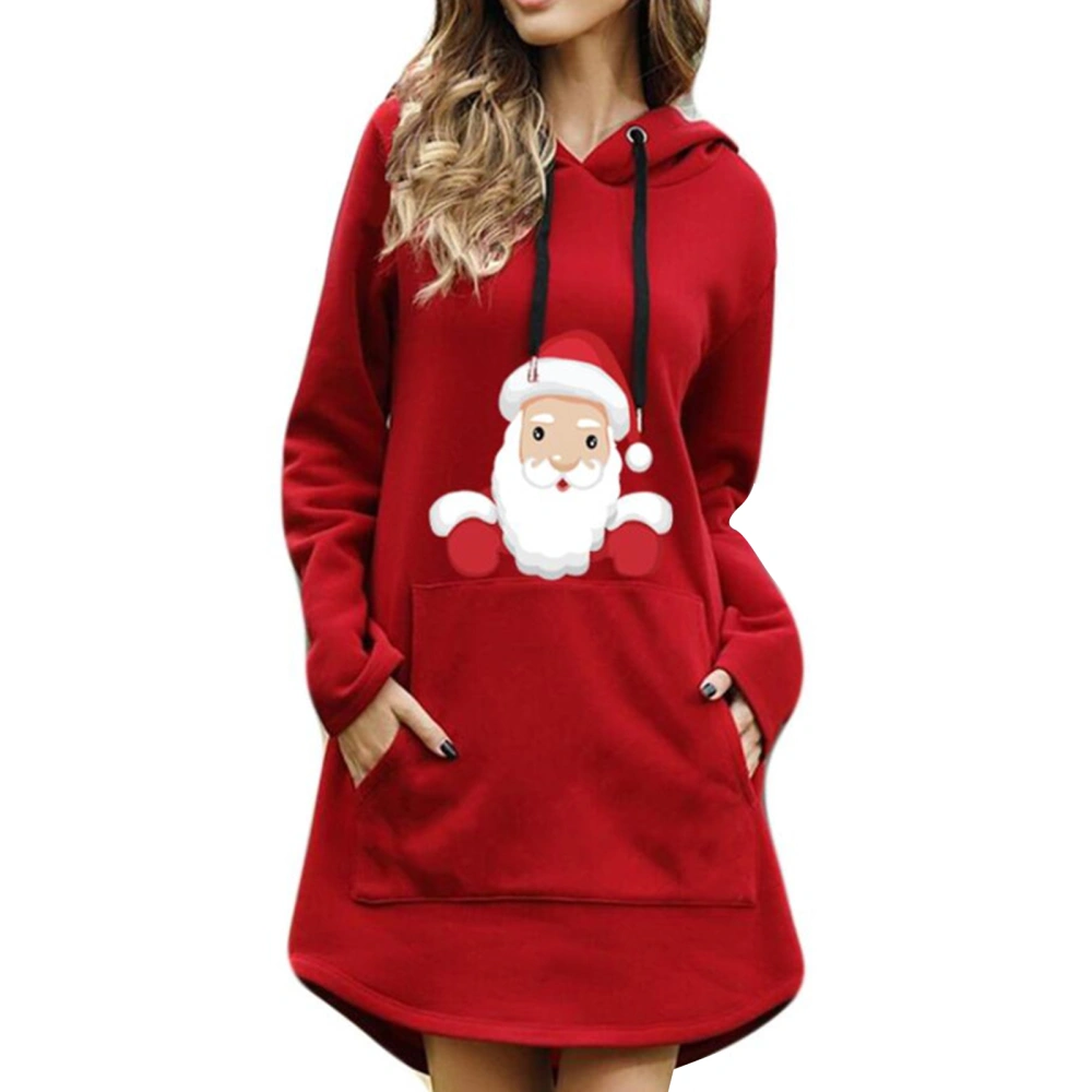 Women Christmas Dress, Santa Pattern Print Hooded Sweatshirt 