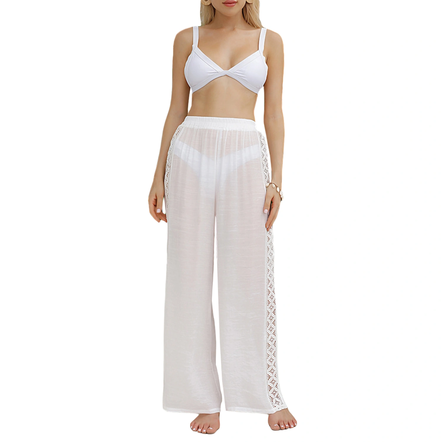 Women Casual Beachwear, Solid Hollow Out See-Through Loose Pants