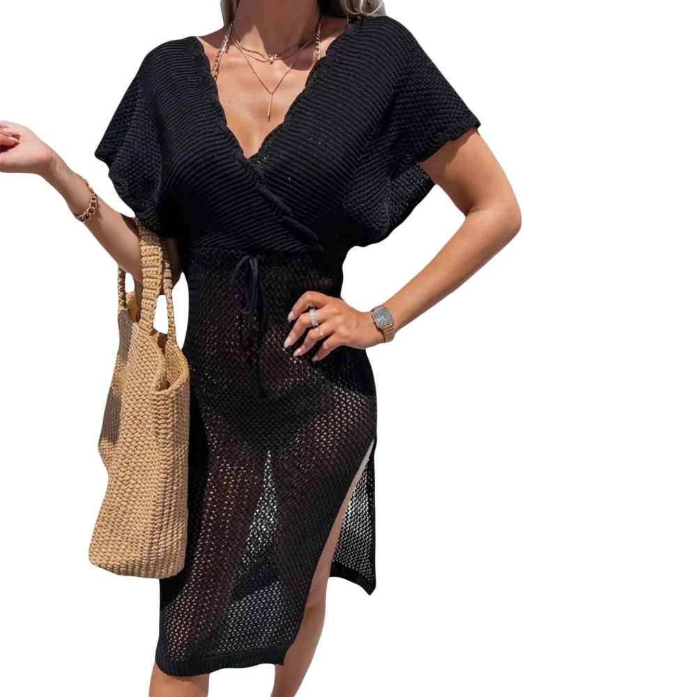 Women Bikini Cover Ups V-neck Knitted Cutout Short Sleeve Slit Dress