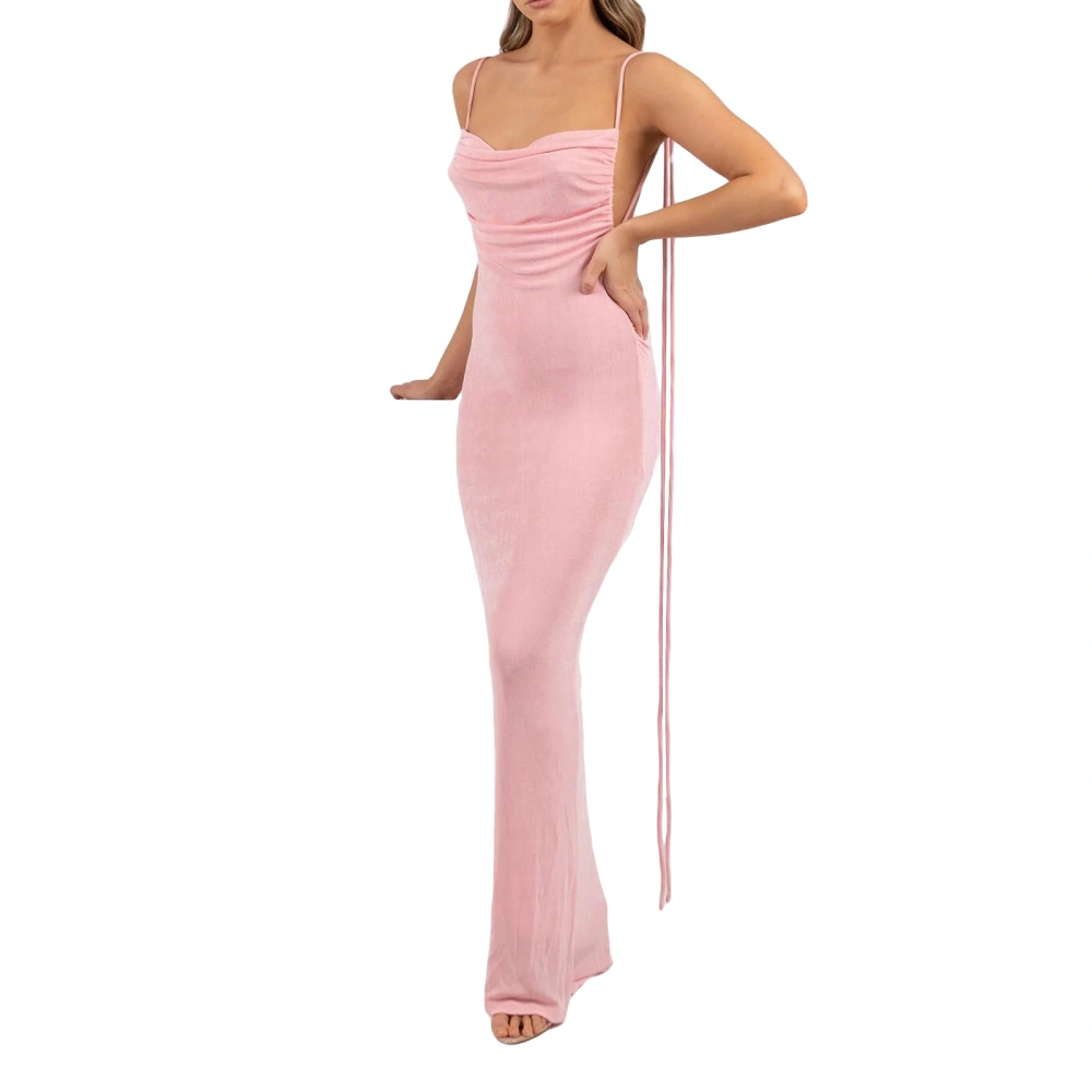 Women Evening Party Long Dress Solid Color Cowl Neck Sleeveless Dress