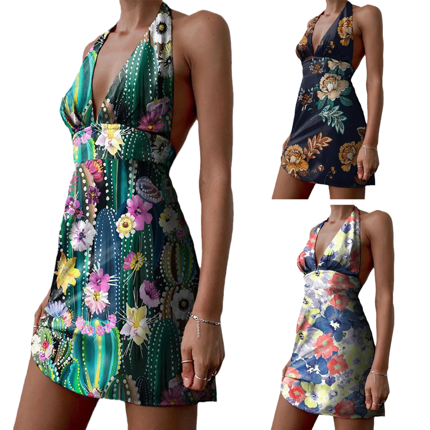Women’s Flower V-neck Halter Bandage Backless A-line Short Dress