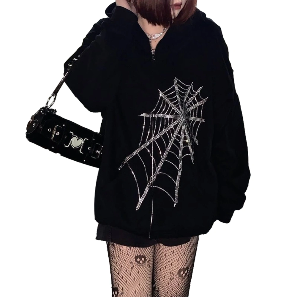 Rhinestone Spider Web Pattern Long Sleeve Zipper Hooded Sweater