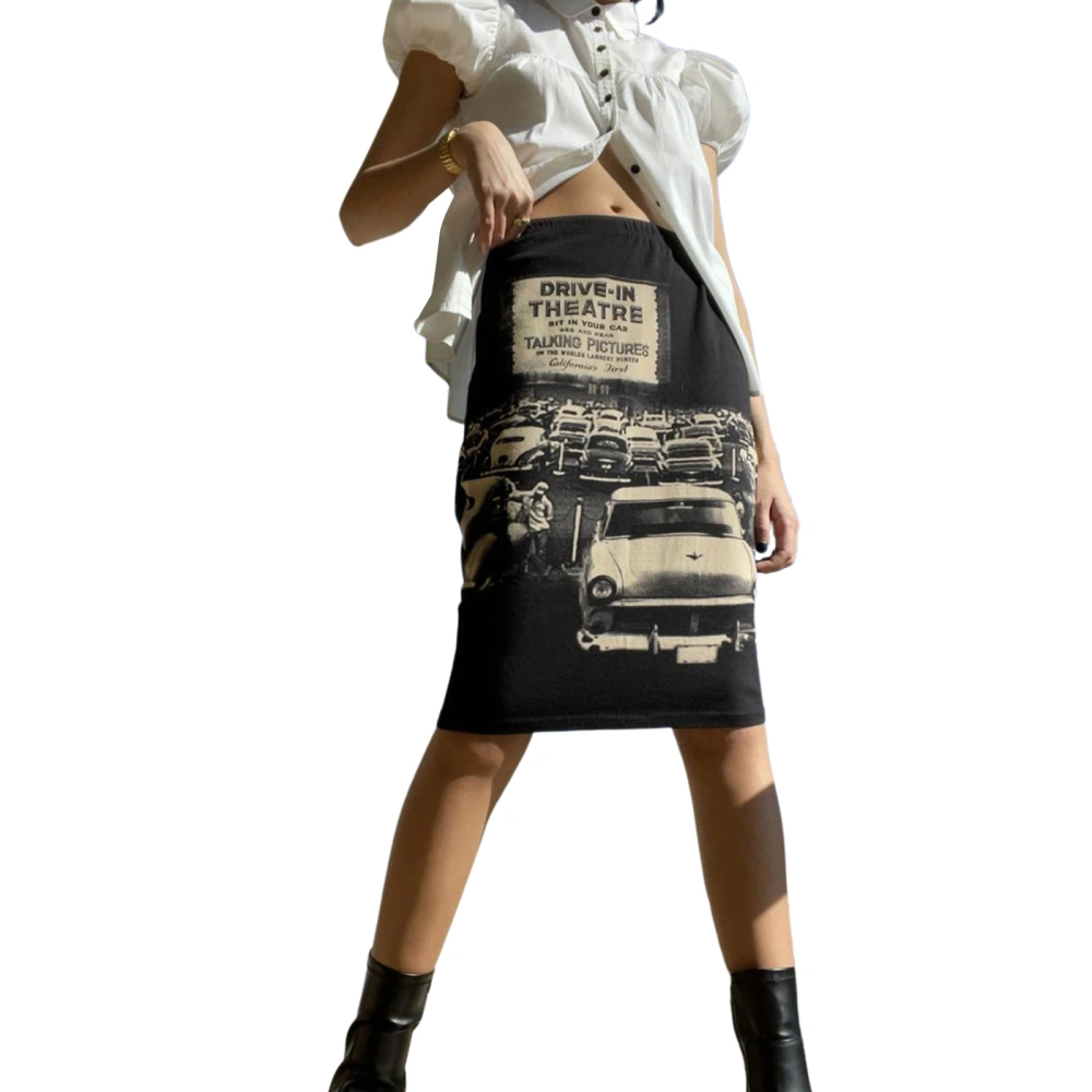 Women Casual Skirt, High Waist Retro Car Letter Straight Skirt