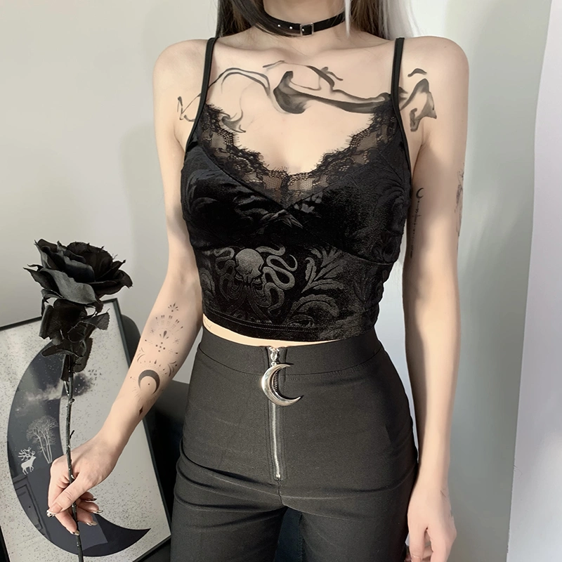 Women Sexy Camisole, Black Lace Hem V-neck Sleeveless Crop Tops