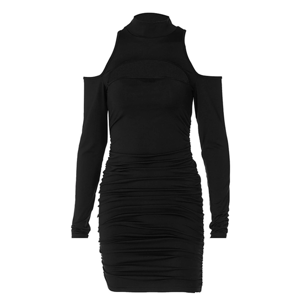 Female Solid Color High Collar Long Sleeve Off Shoulder Dress