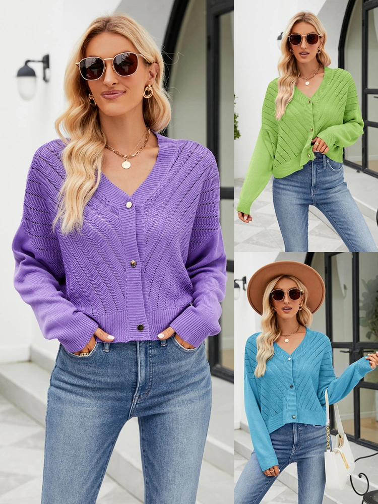 New Women's V-neck Hollow Out Knitted Cardigan Fashion Outwear Loose Solid Button Sweater Slim Fit Long Sleeve Knitted Shirt Women's Clothing