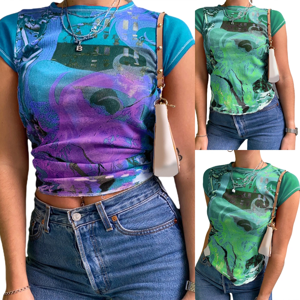 Women Close-fitting T-shirt, Printing Short Sleeve Round Collar Tops