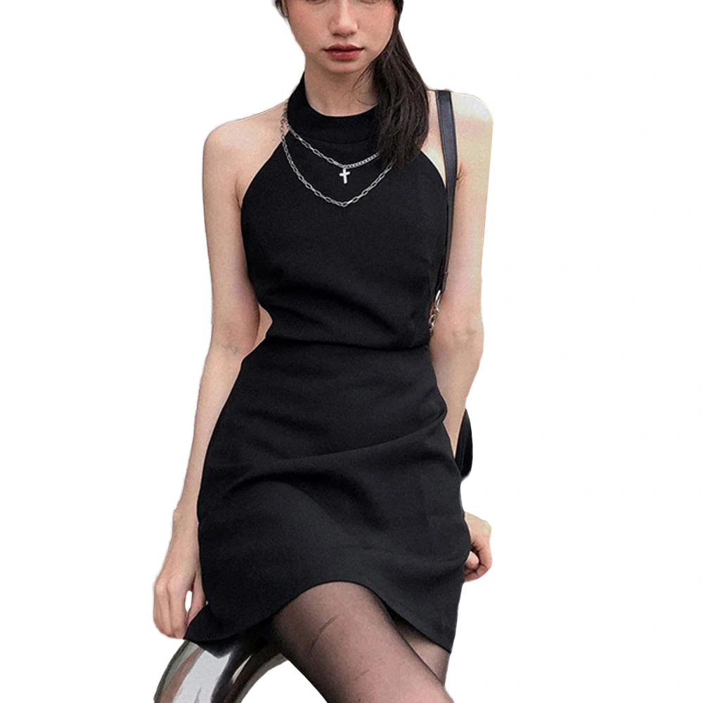 Women's Sleeveless Dress Solid Color Halterneck Open Back Mini Dress