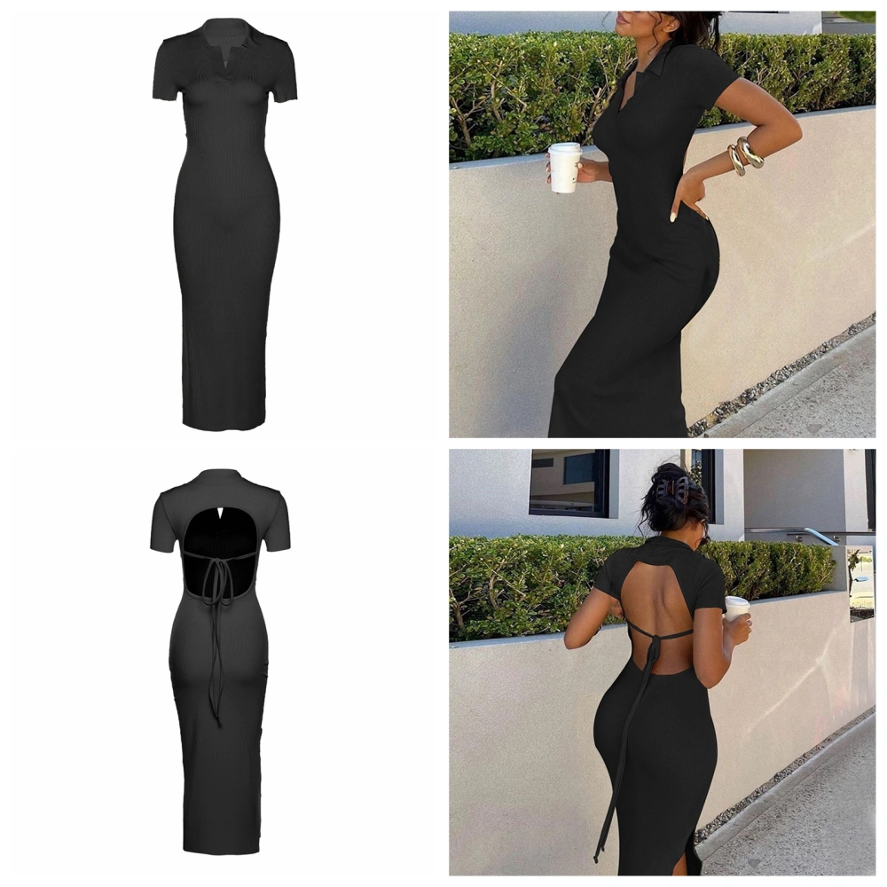 Women Summer Ribbed Tie-up Backless Short Sleeve Lapel Side Slit Dress