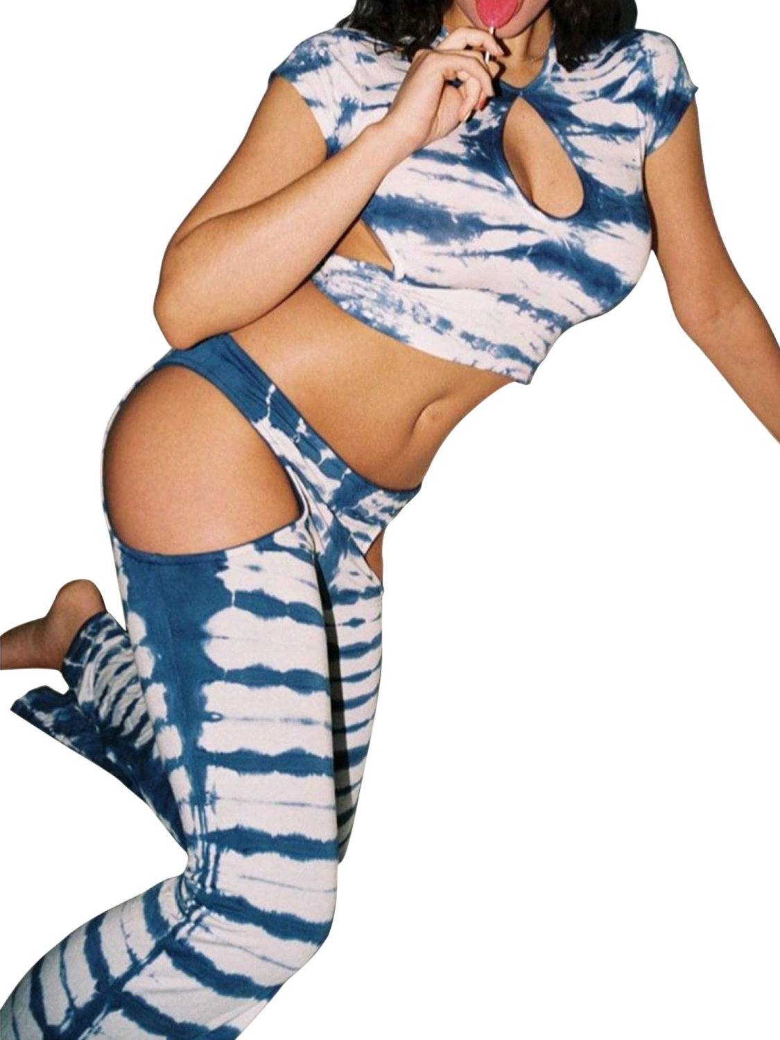 Female Flared Trousers, Tie-Dye Print High Waist Hollow Out Long Pants