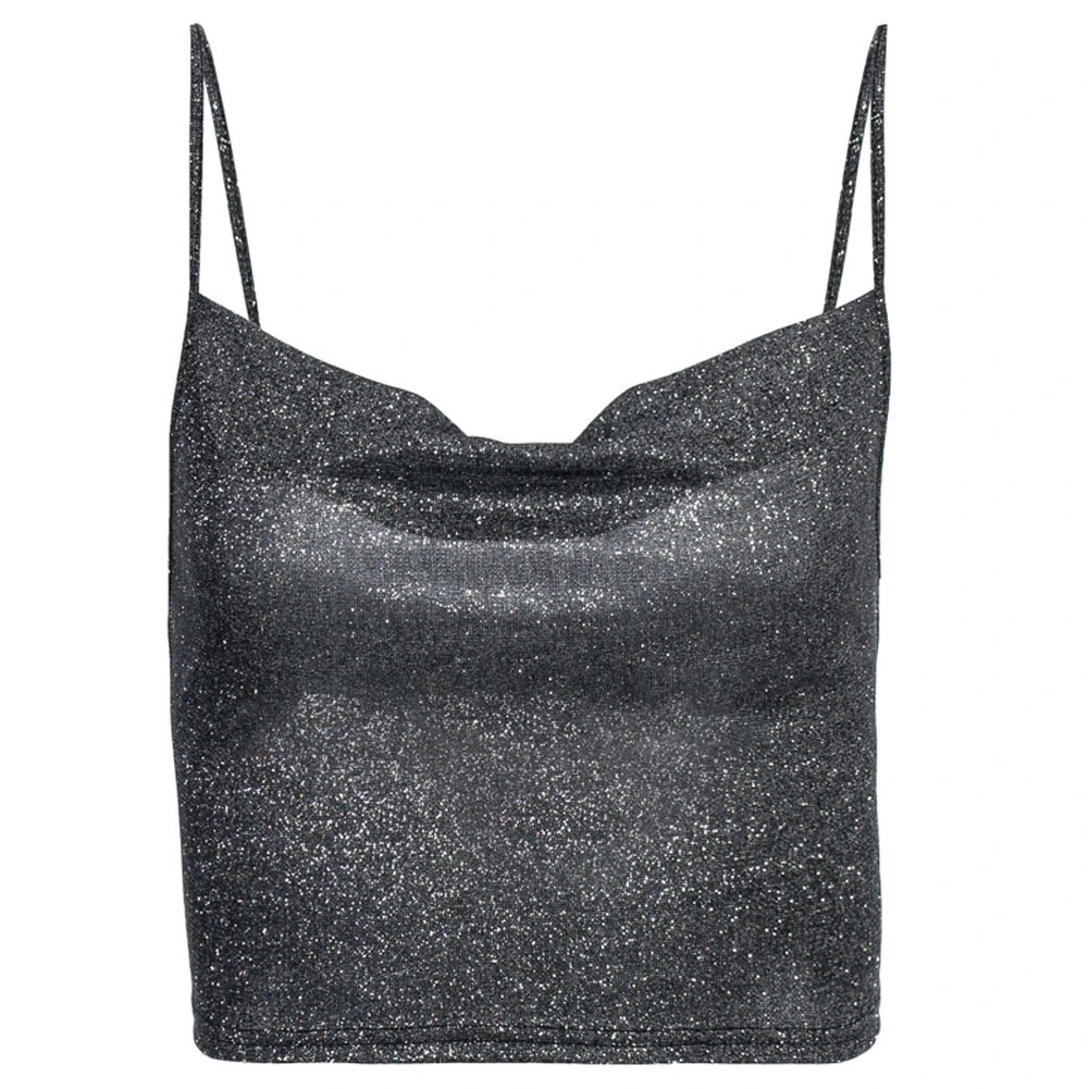 Women Summer Crop Top, Black Shiny Spaghetti Straps Form-Fitting Tank Top