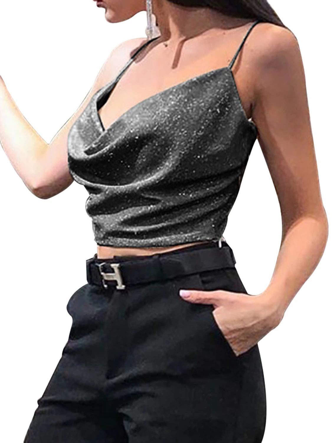 Women Summer Crop Top, Black Shiny Spaghetti Straps Form-Fitting Tank Top