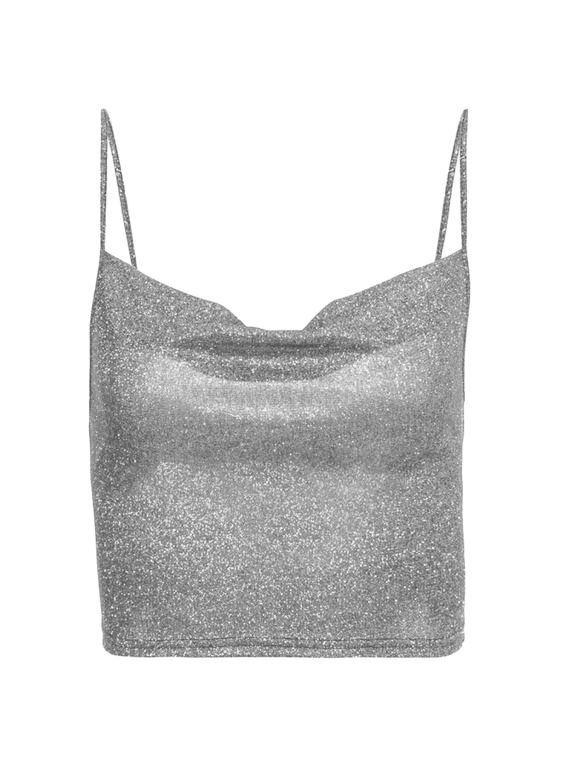 Women Summer Crop Top, Black Shiny Spaghetti Straps Form-Fitting Tank Top