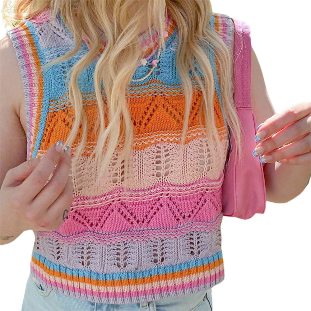 Women's Crochet Knit Tank Tops, Sleeveless Striped Color Crop Tops