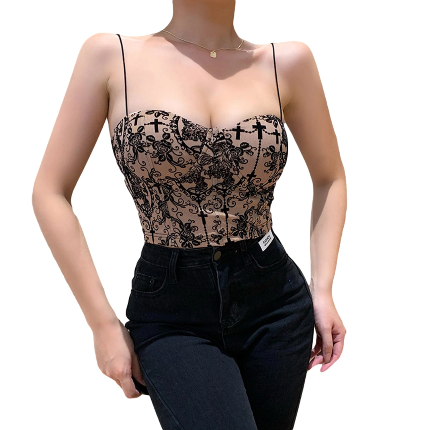 Women’s Fashion Embroidered V-neck Backless Exposed Navel Camisole