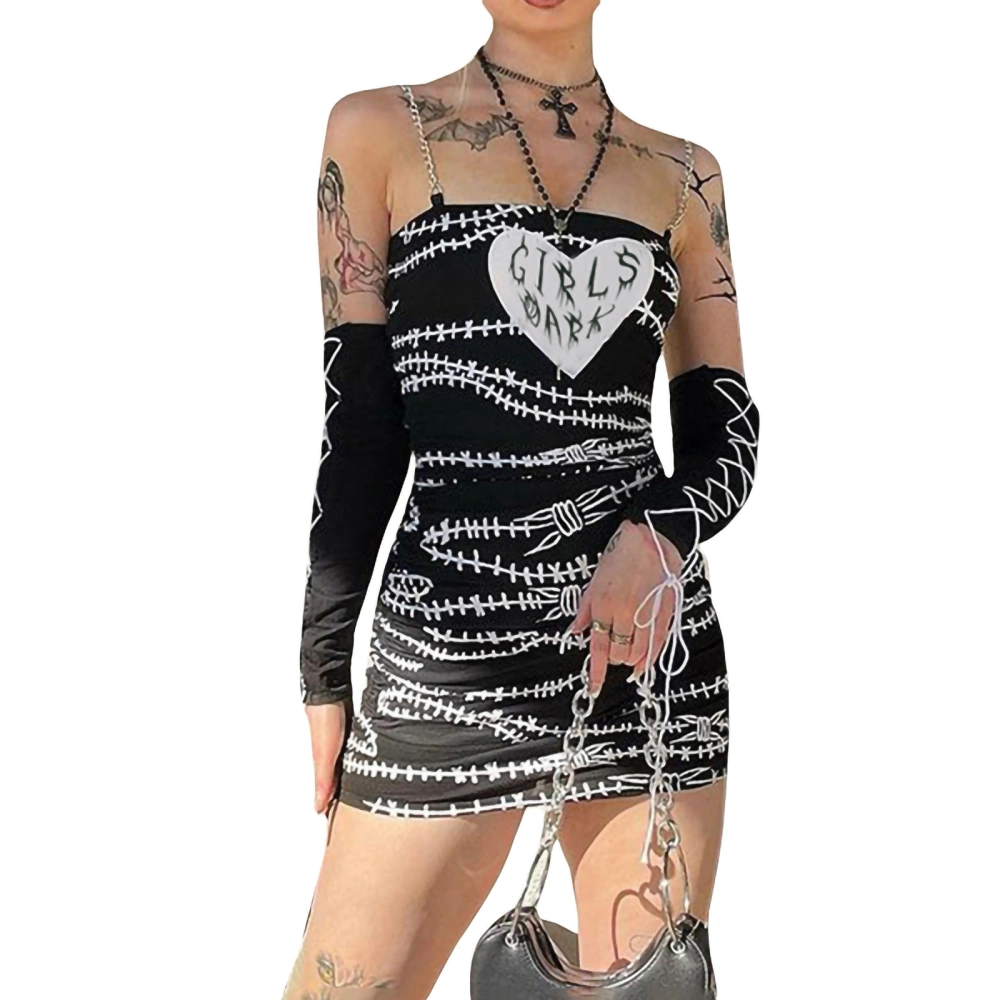 Women’s Thorns Print Chain Suspender Skinny Dress with Arm Sleeves