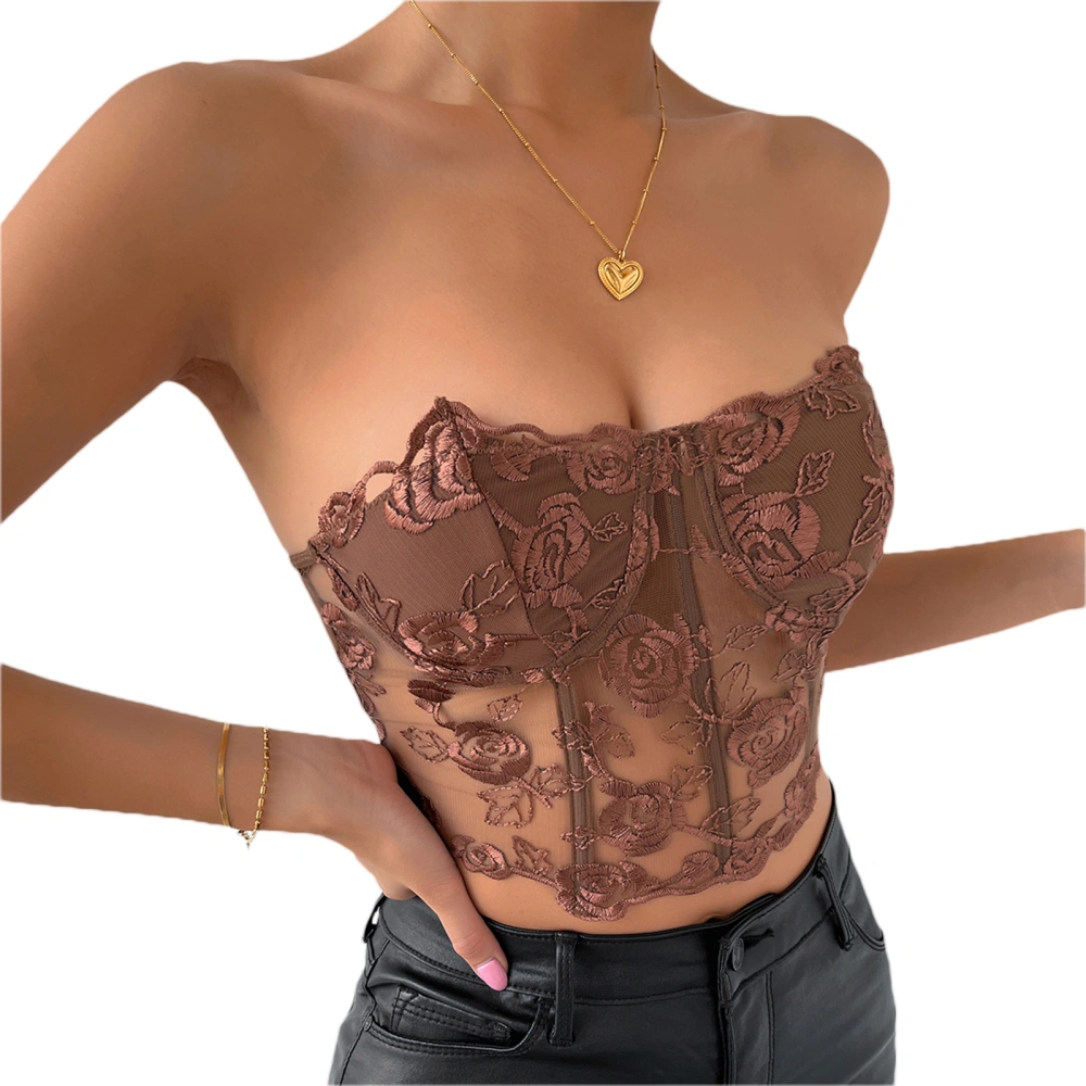 Women Tube Tops Embroidery Flower See Through Strapless Tank Tops