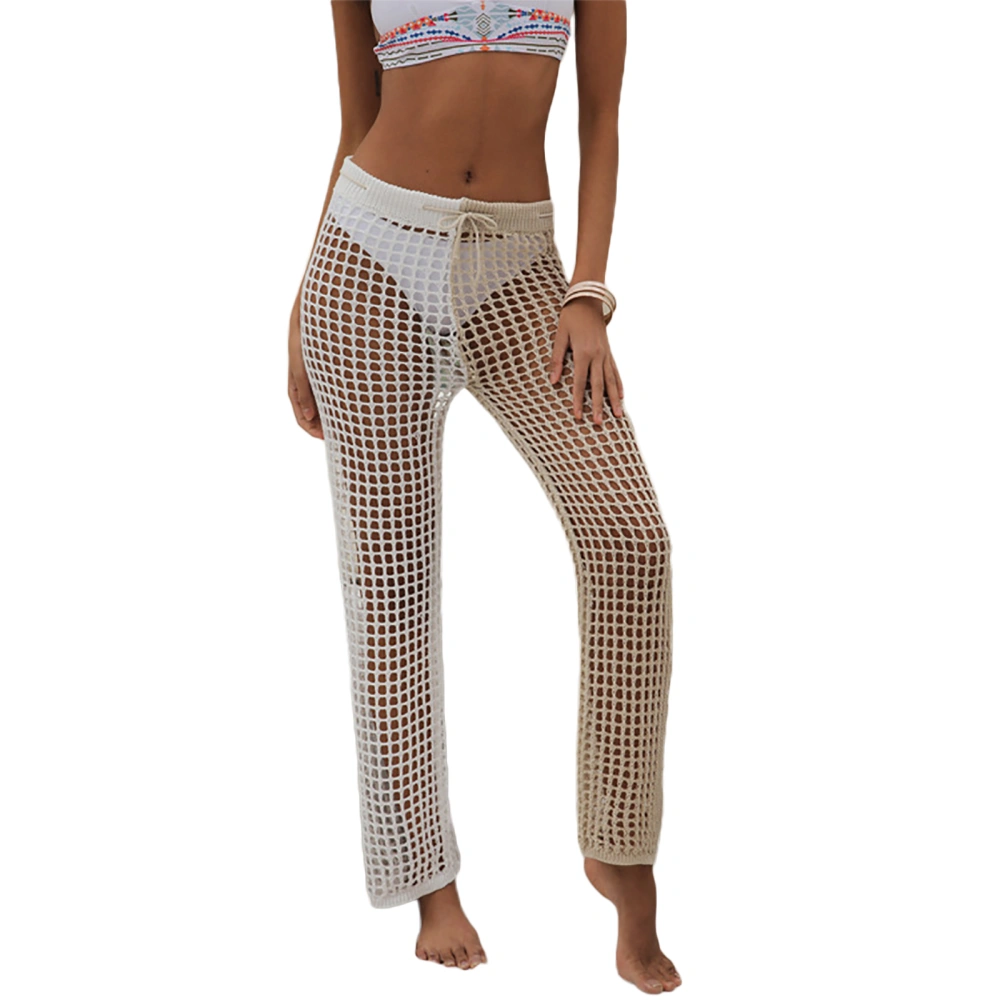 Women Beach Trousers with Drawstring Elastic Waist Grid Clothing