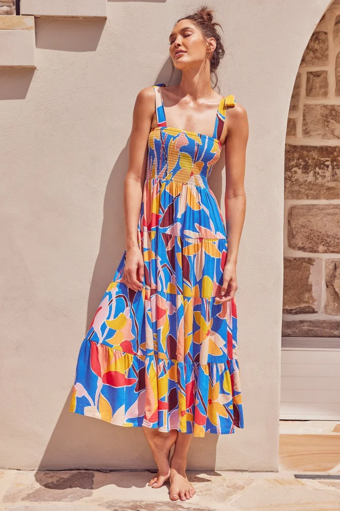 Women Printed Slip Dress, Sleeveless Tie Up Boat Neck Maxi One-piece