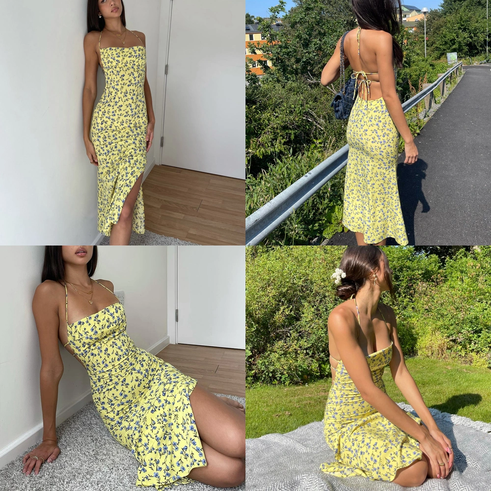 Ladies Dress Open Back Side High Slit Halter Tie Floral Print Dress 