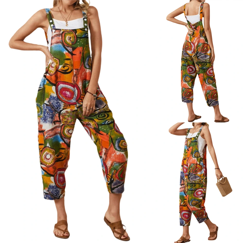 Female Overall Pants, Floral Print Sleeveless Jumpsuit with Pockets