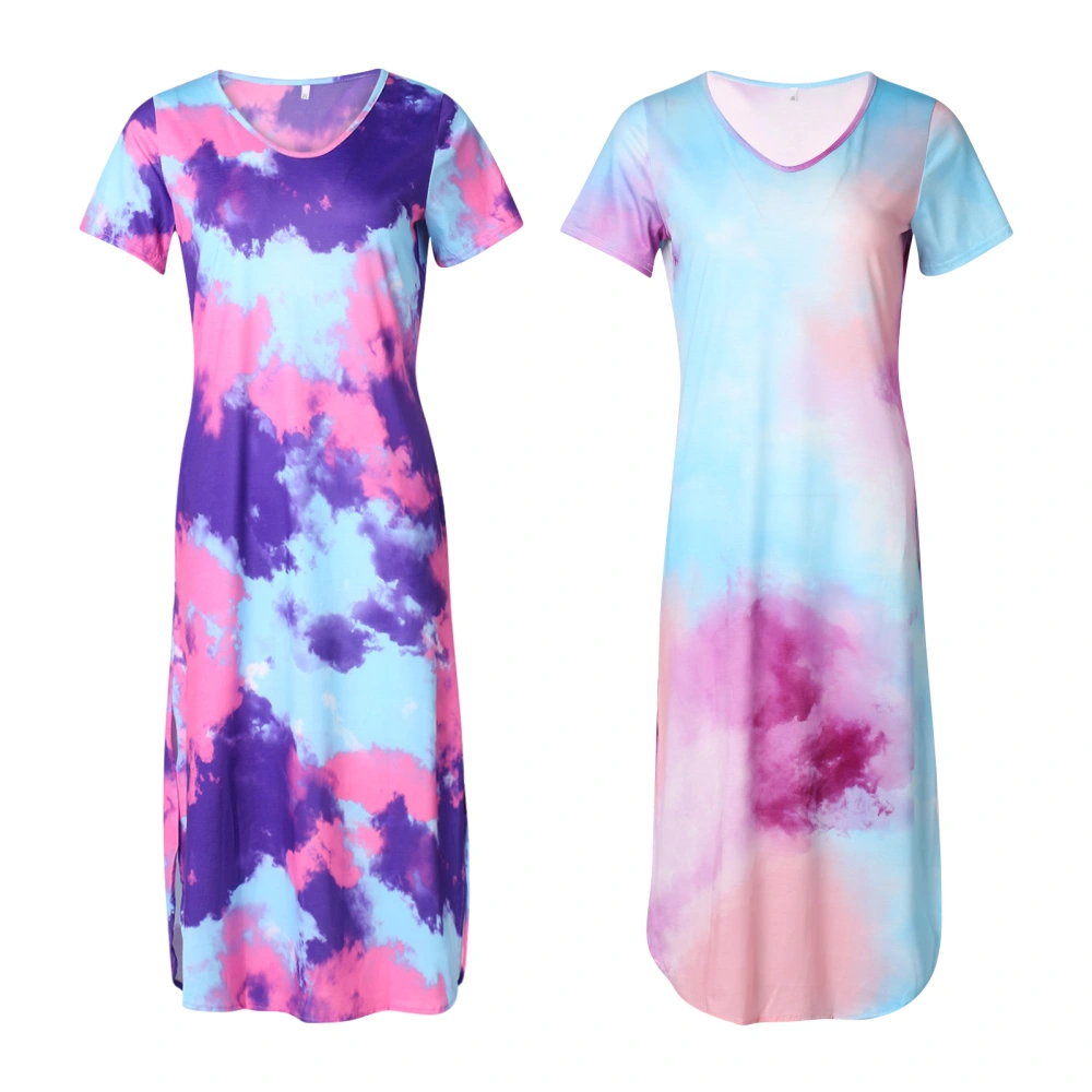 Color Block Tie-dye Print Short Sleeve V-neck Side Pocket Dress