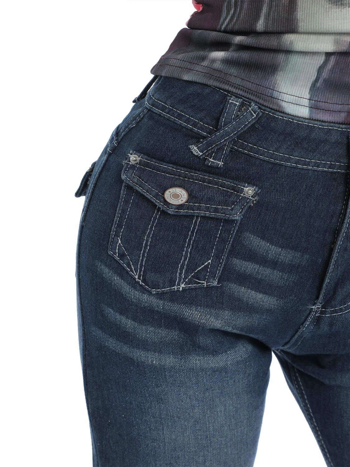 Women Denim Pants, High Waist Washed Wide Leg Jeans with Flap Pockets