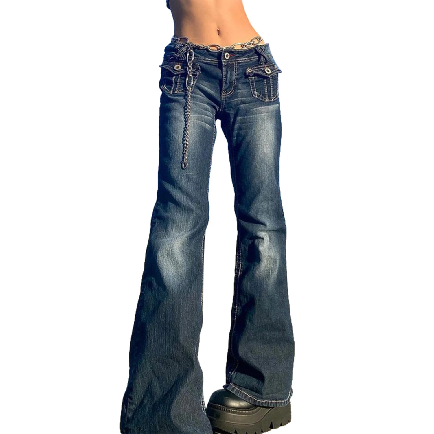 Women Denim Pants, High Waist Washed Wide Leg Jeans with Flap Pockets