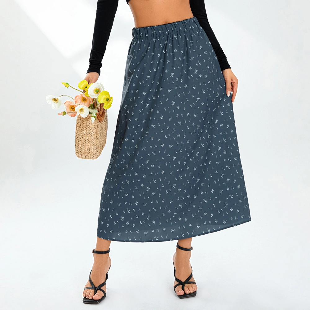 Women's Skirt, Floral Print Side Zipper Mid-Rise Female Long Skirt