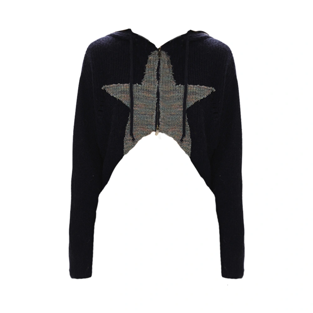 Women Fashion Cropped Sweater Cardigan Stars Pattern Contrast Color Hooded Long Sleeve Pullovers Zipper-Up Loose Tops