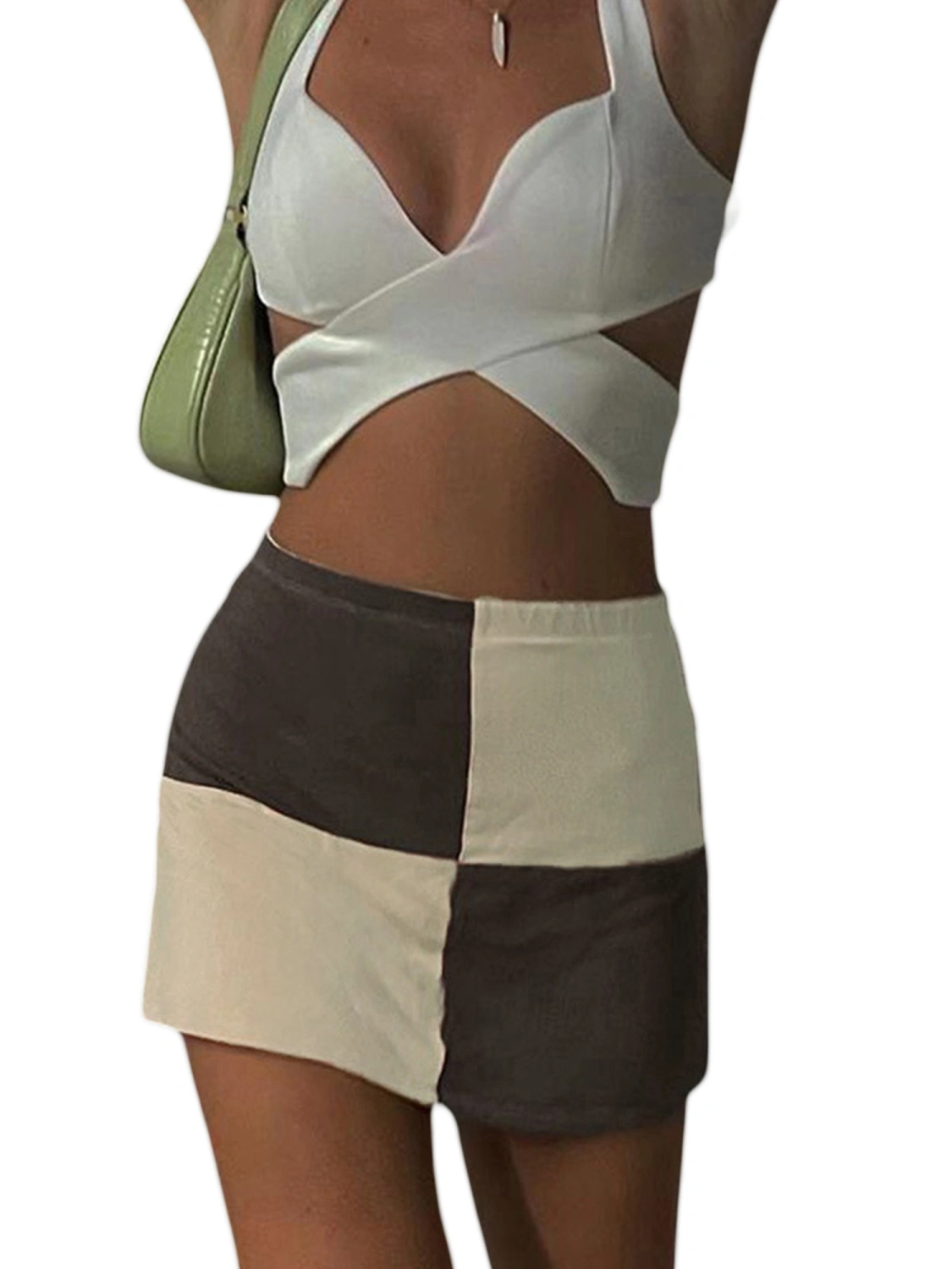 Women Summer Miniskirt, Match Color Checked High-Waist One-Step Skirt