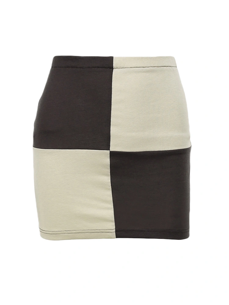 Women Summer Miniskirt, Match Color Checked High-Waist One-Step Skirt