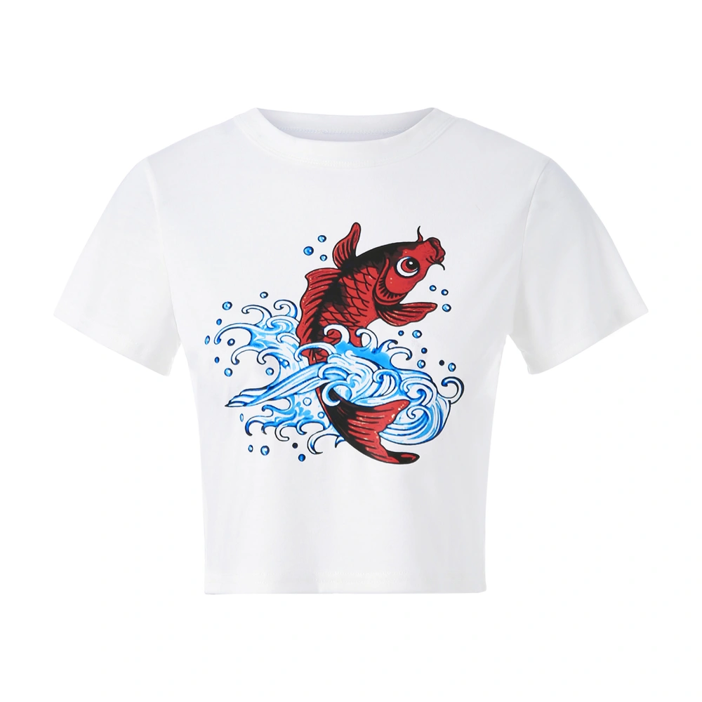 Ladies Tops Round Neck Short Sleeve Cartoon Red Carp Wave Short Tops 