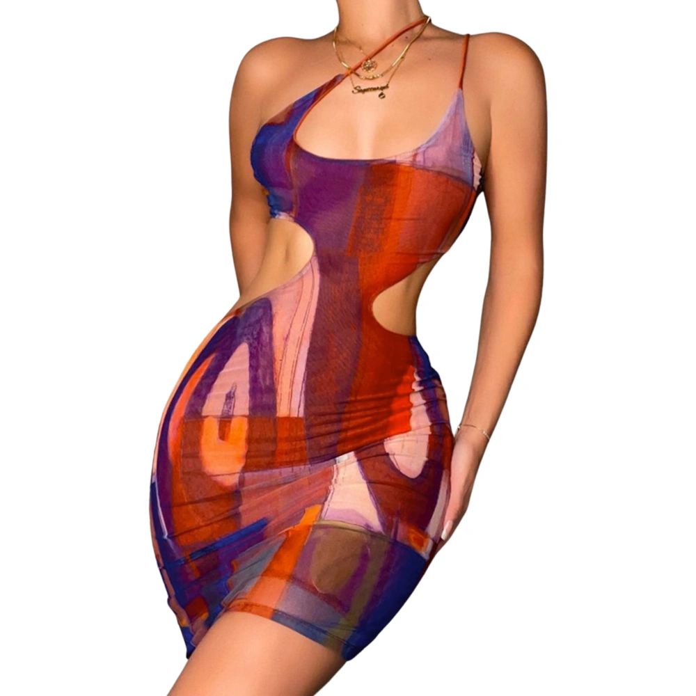 Women Tie Dye One Piece Dress, Neck Hanger Waist Cut Out Dress 