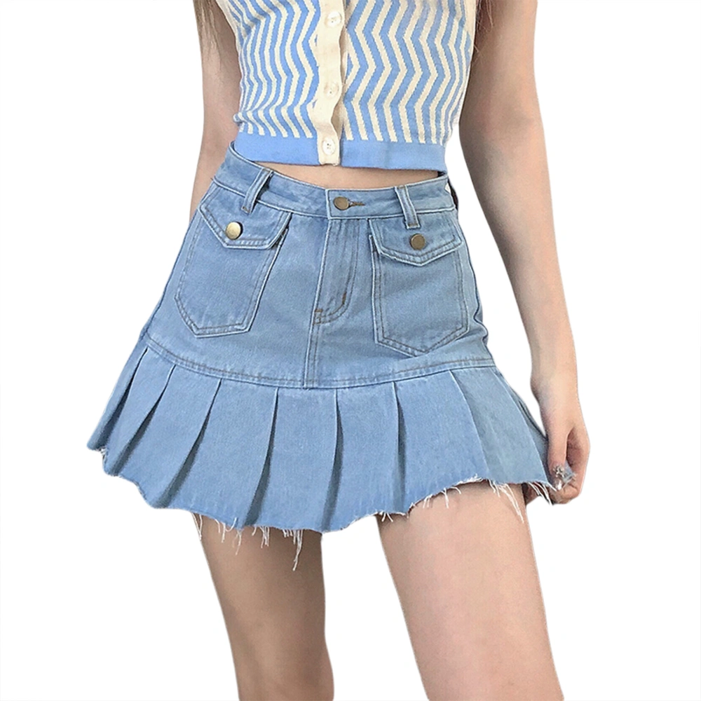 Women’s Fashion Solid Color High-waist Frayed Pleated Denim Skirt