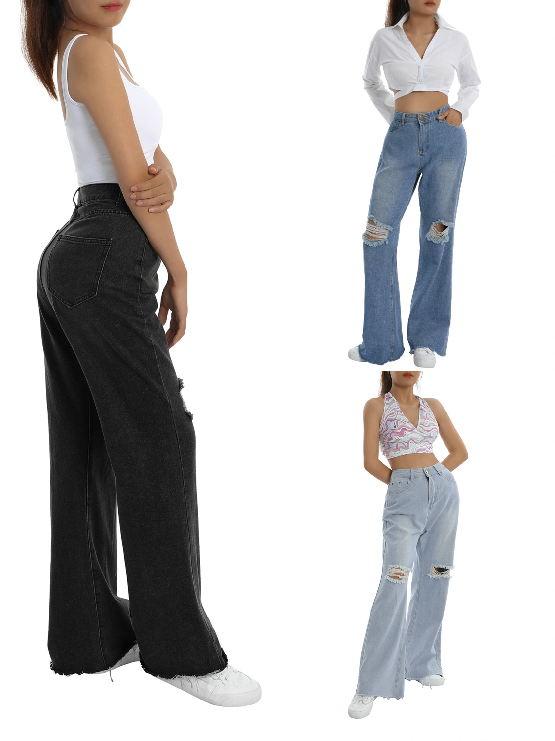 Women’s Fashion Solid Color Ripped High-waist Trumpet Denim Pants