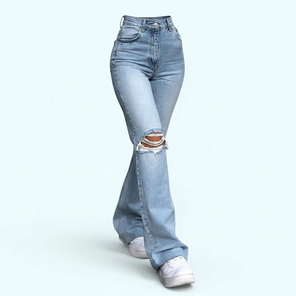 Women’s Fashion Solid Color Ripped High-waist Trumpet Denim Pants