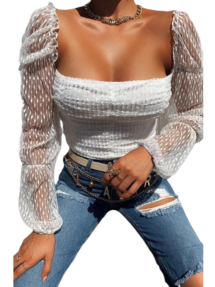 Women Sexy Top Shirt, Long Puff Sleeve Solid Color Slim-Fit Sheer Blouse