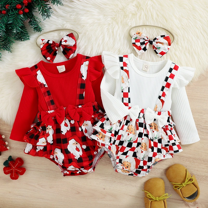 Baby Girls Christmas Romper Set, Long Sleeve Crew Neck Santa Claus/Candy Cane/Plaid Bodysuit + Headband