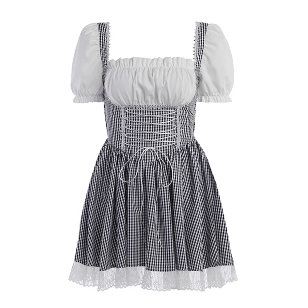 Women Summer Japanese Lolita Dress Short Sleeves Plaid Lace Trim Dress