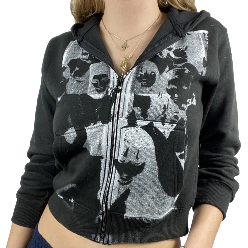 Women Zip Up Hoodie, Long Sleeve Portrait Print Sweatshirt Crop Tops