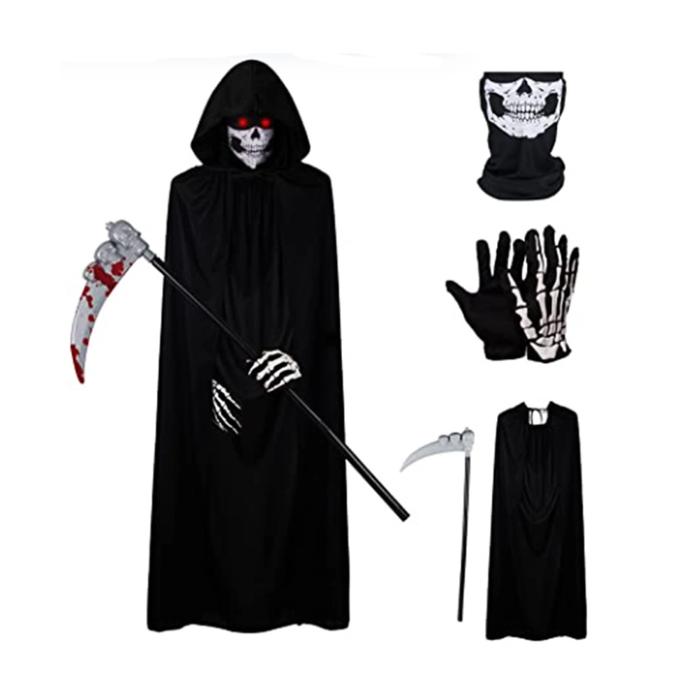 Halloween Reaper Costume, Hooded Cloak + Gaiter + Gloves + Scythe Set