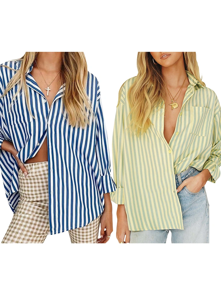 Women’s Oversized Boyfriend Shirts, Long Sleeve Striped Loose Tops