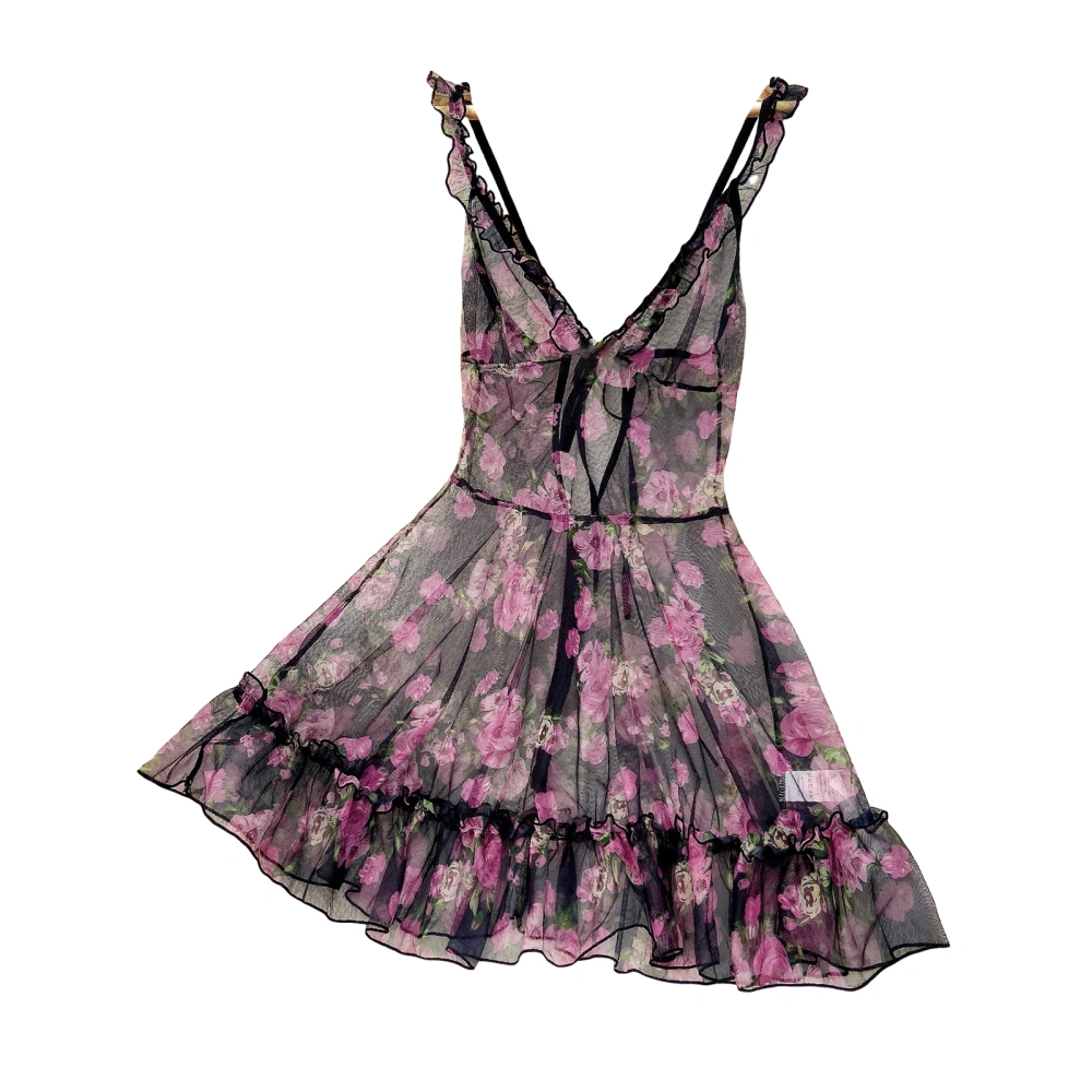 Women's Loose Sheer Dress Floral Print Deep V Neckline Sling Dress