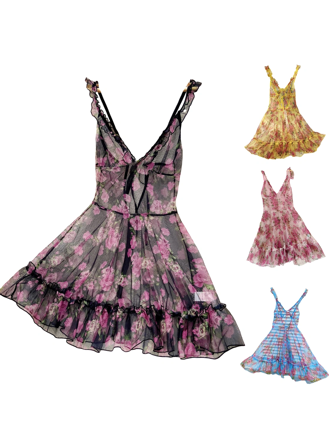 Women's Loose Sheer Dress Floral Print Deep V Neckline Sling Dress