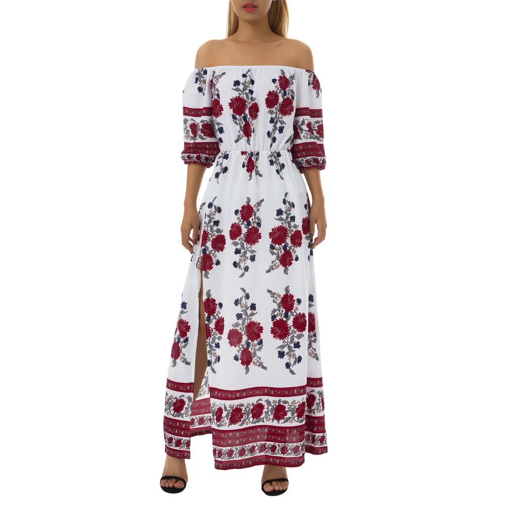 Women Floral Print Long Sleeve, Off-shoulder Side Split Dress