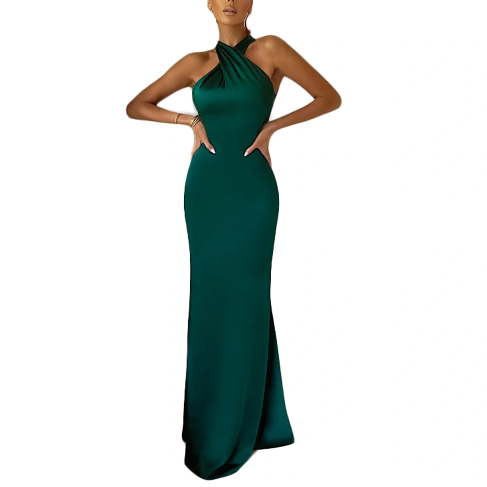 Women Solid Color Long Dress, Cross Halter Backless Evening Dresses