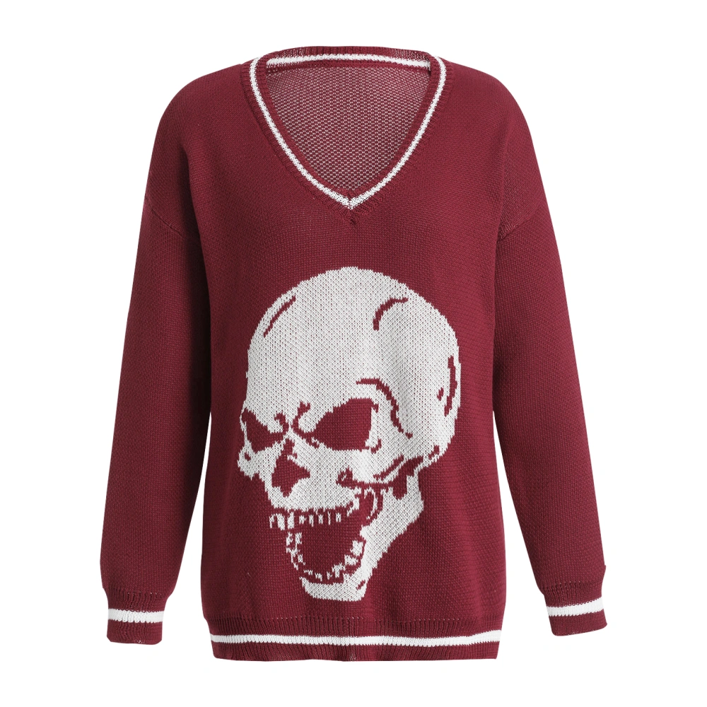 Women Halloween Sweater, Skull Print Long Sleeve V-neck Knitwear